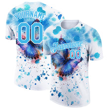 Load image into Gallery viewer, Custom White Sky Blue 3D Pattern Design Butterfly And Watercolor Splash Performance T-Shirt