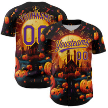 Load image into Gallery viewer, Custom Black Purple-Yellow 3D Halloween Authentic Baseball Jersey
