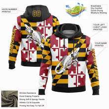 Load image into Gallery viewer, Custom Gold Black-Red 3D Maryland Flag And Fish Hook Skull Fishing Sports Pullover Sweatshirt Hoodie