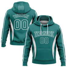 Load image into Gallery viewer, Custom Stitched Teal White 3D Pattern Design Color Blocking Stripe Sports Pullover Sweatshirt Hoodie