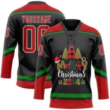 Load image into Gallery viewer, Custom Black Red-Grass Green Funny Christmas 3D Hockey Lace Neck Jersey
