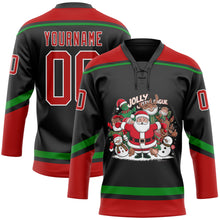 Load image into Gallery viewer, Custom Black Red-Grass Green Funny Christmas 3D Hockey Lace Neck Jersey