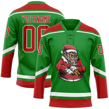 Load image into Gallery viewer, Custom Grass Green Red-White Funny Christmas 3D Hockey Lace Neck Jersey