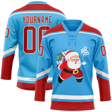 Load image into Gallery viewer, Custom Sky Blue Red-White Funny Christmas 3D Hockey Lace Neck Jersey