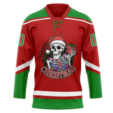 Load image into Gallery viewer, Custom Red Grass Green-White Funny Christmas 3D Hockey Lace Neck Jersey