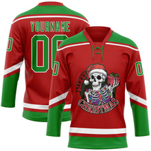 Load image into Gallery viewer, Custom Red Grass Green-White Funny Christmas 3D Hockey Lace Neck Jersey