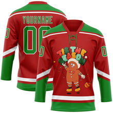 Load image into Gallery viewer, Custom Red Grass Green-White Funny Christmas 3D Hockey Lace Neck Jersey