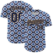 Load image into Gallery viewer, Custom White Navy-Old Gold 3D Pattern Design Evil Eyes Authentic Baseball Jersey