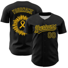 Load image into Gallery viewer, Custom Black Yellow 3D Childhood Cancer Gold Ribbon Authentic Baseball Jersey