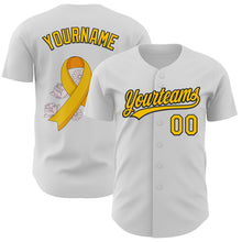 Load image into Gallery viewer, Custom White Yellow-Black 3D Childhood Cancer Gold Ribbon Authentic Baseball Jersey