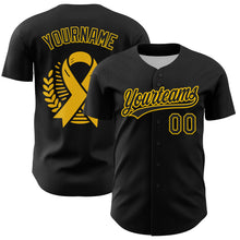 Load image into Gallery viewer, Custom Black Yellow 3D Childhood Cancer Gold Ribbon Authentic Baseball Jersey