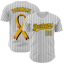 Load image into Gallery viewer, Custom White Black Pinstripe Yellow 3D Childhood Cancer Gold Ribbon Authentic Baseball Jersey