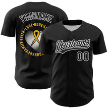 Load image into Gallery viewer, Custom Black Yellow-White 3D Childhood Cancer Gold Ribbon Authentic Baseball Jersey