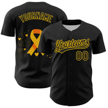 Load image into Gallery viewer, Custom Black Yellow 3D Childhood Cancer Gold Ribbon Authentic Baseball Jersey