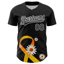 Load image into Gallery viewer, Custom Black Yellow-White 3D Childhood Cancer Gold Ribbon Authentic Baseball Jersey