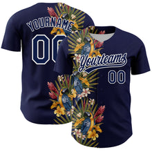 Load image into Gallery viewer, Custom Navy White 3D Tropical Hawaii Palm Tree And Bird Authentic Baseball Jersey