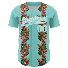 Load image into Gallery viewer, Custom Ice Blue White 3D Tropical Hawaii Plant And Flamingo Authentic Baseball Jersey