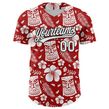 Load image into Gallery viewer, Custom Red White-Black 3D Tropical Hawaii Jungle Leaves Flower And Tiki Mask Authentic Baseball Jersey