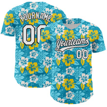 Load image into Gallery viewer, Custom Lakes Blue White-Black 3D Tropical Hawaii Jungle Leaves And Flower Authentic Baseball Jersey