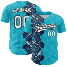 Load image into Gallery viewer, Custom Lakes Blue White-Black 3D Tropical Hawaii Jungle Leaves And Flower Authentic Baseball Jersey