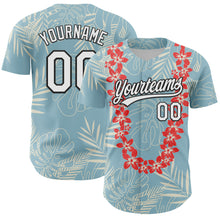 Load image into Gallery viewer, Custom Shadow Blue White-Black 3D Tropical Hawaii Leaves And Flower Authentic Baseball Jersey