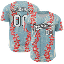 Load image into Gallery viewer, Custom Shadow Blue White-Black 3D Tropical Hawaii Leaves And Flower Authentic Baseball Jersey