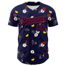 Load image into Gallery viewer, Custom Navy Red 3D Hawaii Tropical Leaves And Flowers Authentic Baseball Jersey