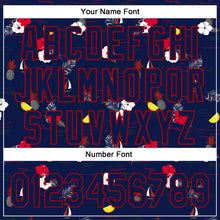 Load image into Gallery viewer, Custom Navy Red 3D Hawaii Tropical Leaves And Flowers Authentic Baseball Jersey