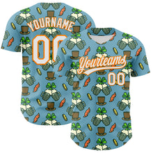 Load image into Gallery viewer, Custom Shadow Blue White-Bay Orange 3D St. Patrick's Day Shamrock Beer Authentic Baseball Jersey