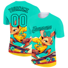 Load image into Gallery viewer, Custom Aqua Black 3D Pattern Design Extreme Sport Cartoon Animal Kangaroo Skateboarding Performance T-Shirt