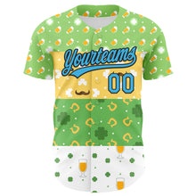 Load image into Gallery viewer, Custom Green Sky Blue Light Yellow-Black 3D St. Patrick's Day Shamrock Beer Authentic Baseball Jersey