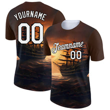 Load image into Gallery viewer, Custom Brown White-Black 3D Pattern Design Sailing Ship Columbus Day Performance T-Shirt