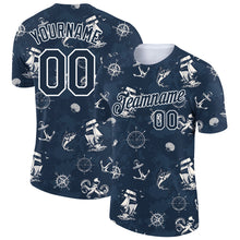 Load image into Gallery viewer, Custom Navy White 3D Pattern Design Sailing Ship Wheel Compass Columbus Day Performance T-Shirt