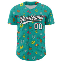 Load image into Gallery viewer, Custom Aqua White-Black 3D Hawaii Tropical Palm Tree And Beach Authentic Baseball Jersey