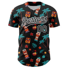 Load image into Gallery viewer, Custom Black White 3D Hawai Tropical Palm Tree Flower And Tiki Mask Authentic Baseball Jersey
