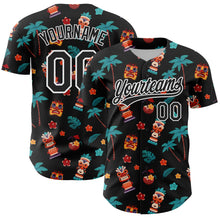 Load image into Gallery viewer, Custom Black White 3D Hawai Tropical Palm Tree Flower And Tiki Mask Authentic Baseball Jersey