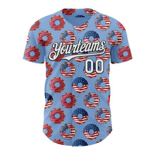 Load image into Gallery viewer, Custom Light Blue White-Black 3D Pattern Design USA Flag Foodie Food Dessert Donut Authentic Baseball Jersey