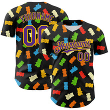 Load image into Gallery viewer, Custom Black Purple-Yellow 3D Pattern Design Foodie Food Snack Gummy Bear Authentic Baseball Jersey