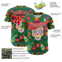 Load image into Gallery viewer, Custom Kelly Green Red-White 3D Mexican Festival Flower Skull With Sombrero Cinco de Mayo Authentic Baseball Jersey