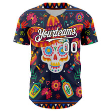 Load image into Gallery viewer, Custom Navy White-Black 3D Mexican Festival Flower Skull With Sombrero Cinco de Mayo Authentic Baseball Jersey