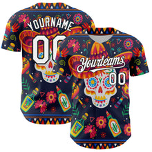 Load image into Gallery viewer, Custom Navy White-Black 3D Mexican Festival Flower Skull With Sombrero Cinco de Mayo Authentic Baseball Jersey