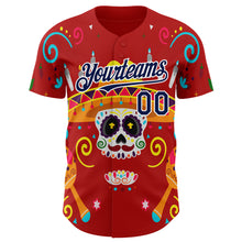 Load image into Gallery viewer, Custom Red Navy-White 3D Mexican Festival Flower And Skull Sombrero Cinco de Mayo Authentic Baseball Jersey