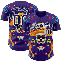 Load image into Gallery viewer, Custom Purple Navy-White 3D Mexican Festival Flower Skull With Sombrero Cinco de Mayo Authentic Baseball Jersey