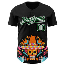 Load image into Gallery viewer, Custom Black Green-White 3D Mexican Festival Flower Skull With Sombrero Cinco de Mayo Authentic Baseball Jersey