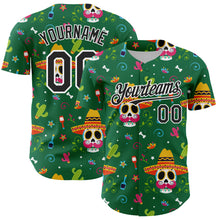Load image into Gallery viewer, Custom Kelly Green Black-White 3D Mexican Festival Flower Skull With Sombrero Cinco de Mayo Authentic Baseball Jersey