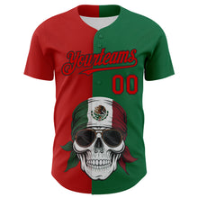 Load image into Gallery viewer, Custom Green Red-Black 3D Mexican Flag Skull Authentic Baseball Jersey