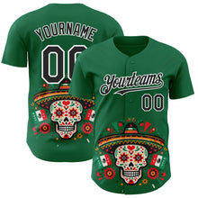 Load image into Gallery viewer, Custom Kelly Green Black-White 3D Mexican Festival Flag Skull With Sombrero Cinco de Mayo Authentic Baseball Jersey
