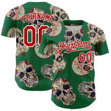 Load image into Gallery viewer, Custom Kelly Green Red-White 3D Mexican Skull Authentic Baseball Jersey
