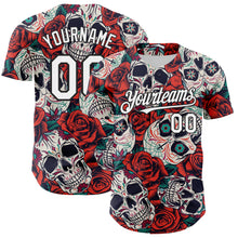 Load image into Gallery viewer, Custom White Black 3D Mexican Skull And Flower Authentic Baseball Jersey