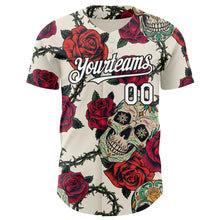 Load image into Gallery viewer, Custom Cream White-Black 3D Mexican Skull And Flower Authentic Baseball Jersey